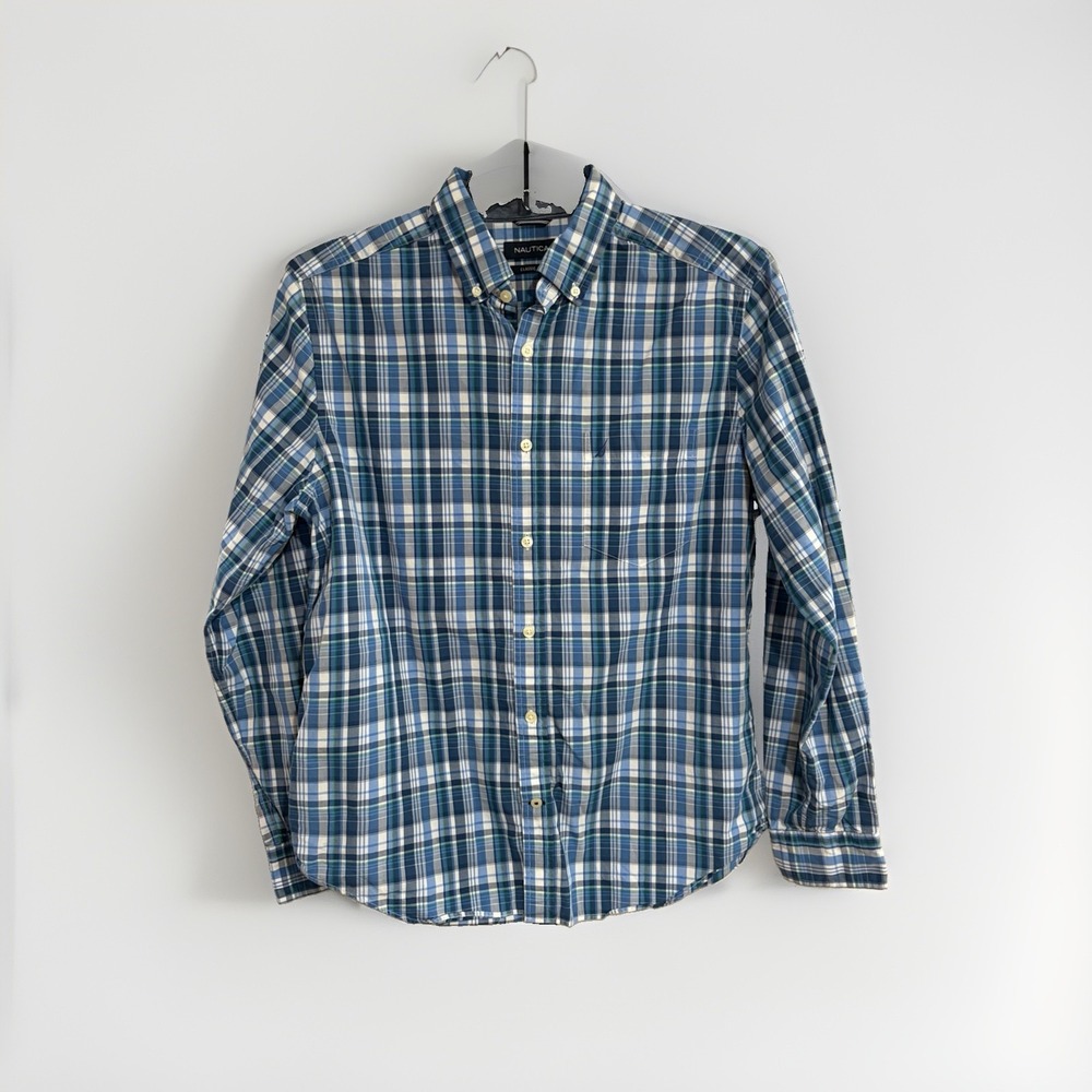 Nautica Men's Medium Classic Fit Blue Green Plaid Button Down Cotton Shirt F184
